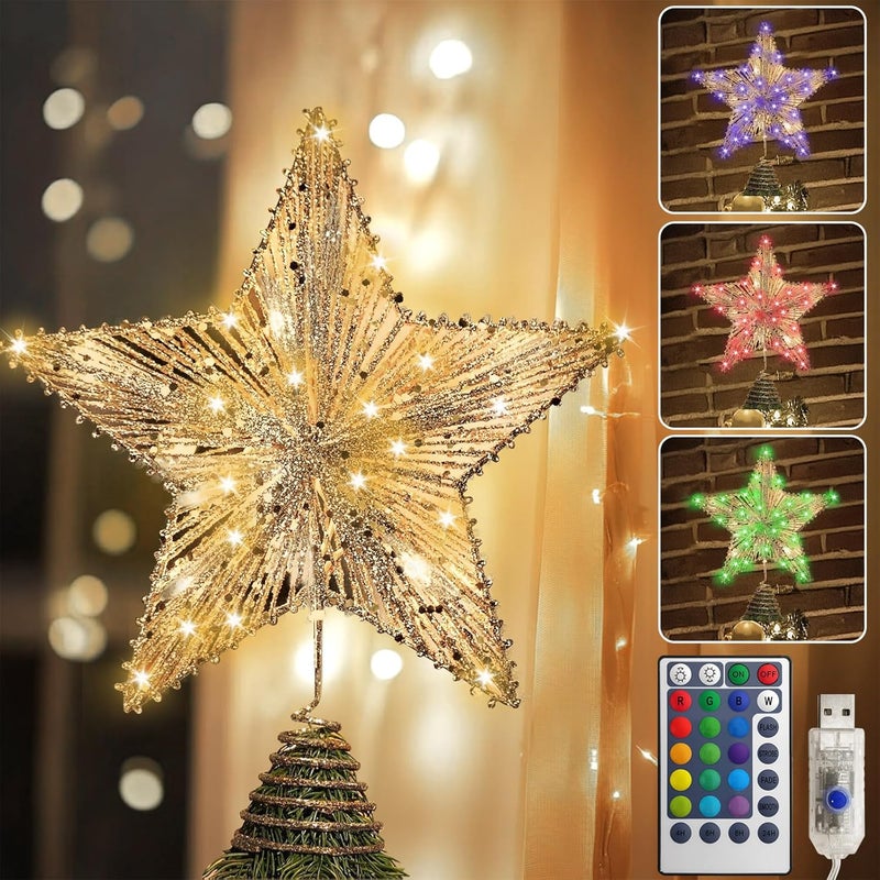 WVSAFV Christmas Tree Topper Star Champagne Gold, Christmas Tree Toppers with 40 Colour & Warm LED Lights, Tradition Tree Topper Star for Home Holiday Xmas Tree Christmas Decor - Image 1